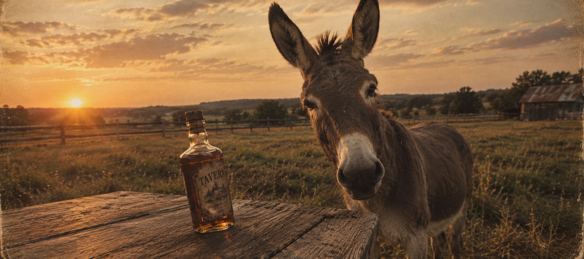 A donkey standing beside a weathered wooden table holding a bottle of whiskey in a sunlit pasture at sunset